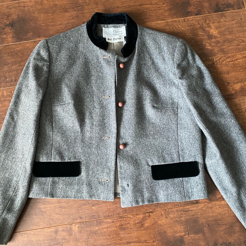 Chanel Gray Wool Jacket with Velvet Trim